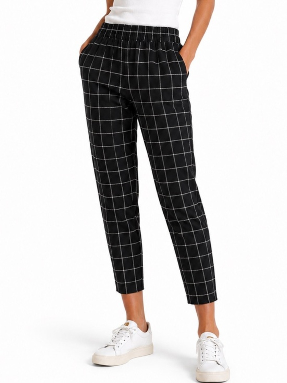 Madewell XXS Black Windowpane ankle Pants Pull On Elastic Waist 100% Cotton